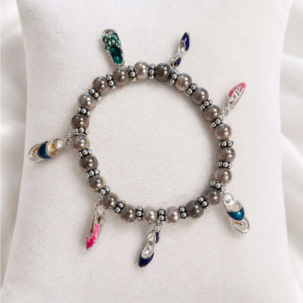 Silver Gray Beaded Charm Stretch Bracelet with Multicolor Shoe Charms